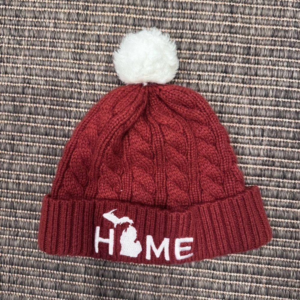 Red Cable Knit Pom-Pom Beanie
